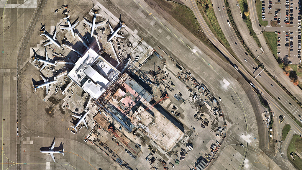 North Satellite aerial showing structural steel on south gates.