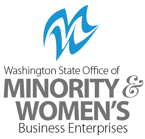 Logo for the Washington State Office of Minority & Women’s Business Enterprises, featuring a stylized blue ‘W’ symbol above the organization’s name in black and gray text.