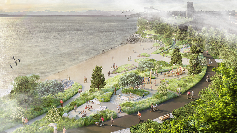 Aerial rendering of Myrtle Edwards Park with a curving beach, landscaped paths, greenery, and people using outdoor spaces along the waterfront.