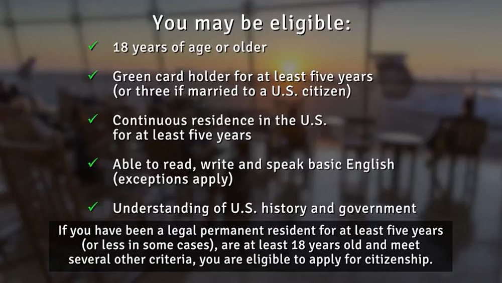 An informational graphic lists eligibility requirements for U.S. citizenship over a blurred background of people sitting in chairs near large windows at sunset. The heading says “You may be eligible:” followed by a checklist of criteria: 18 years of age or older; green card holder for at least five years, or three years if married to a U.S. citizen; continuous U.S. residence for at least five years; ability to read, write, and speak basic English, with exceptions; and understanding of U.S. history and government. A note at the bottom explains that legal permanent residents who meet these criteria may be eligible to apply for citizenship.