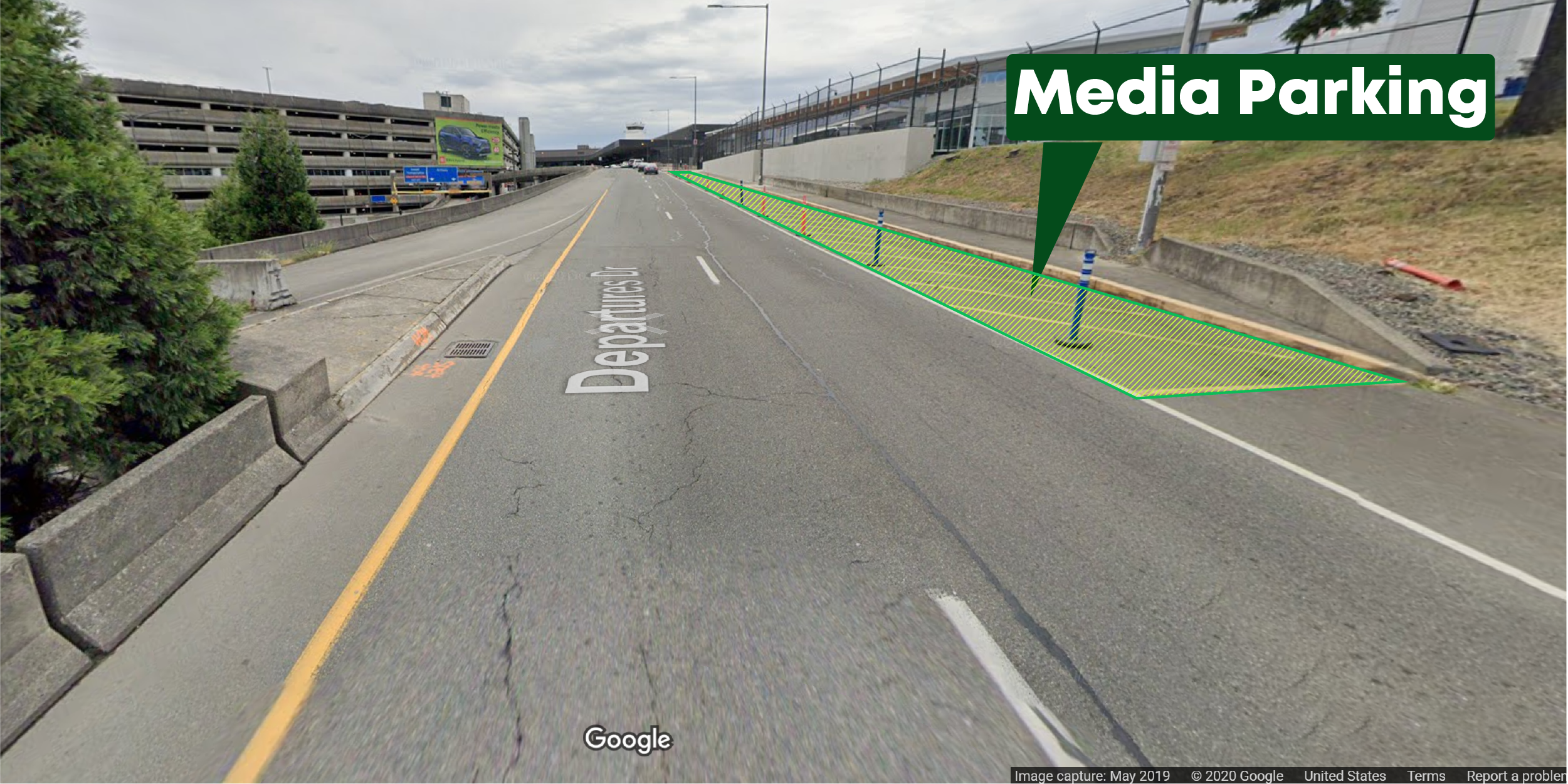 Media parking location highlighted and labelled on street view.