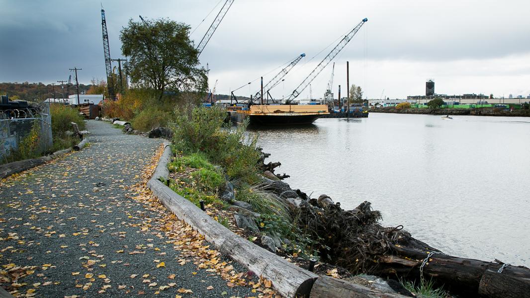 Gravel waterfront path with autumn leaves beside an industrial waterway and cranes.