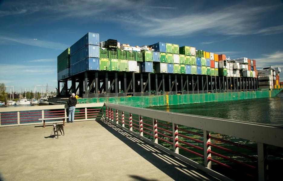 The view from T105 park of shipping crates.