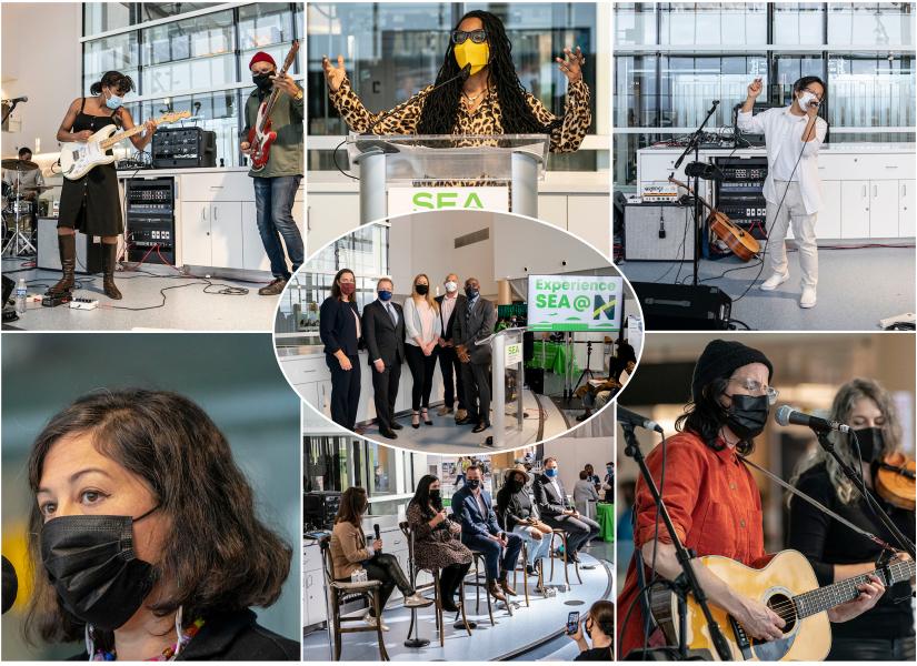 Collage showing musicians performing, event speakers at a podium, a seated panel discussion, and a group photo at an SEA airport event.