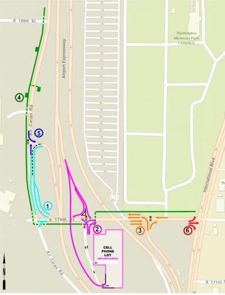 Map showing locations of six planned improvements at the Air Cargo road and S. 170th street intersection