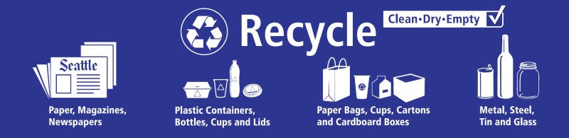 Recycle signage; Paper, Magazines, Newspapers; Plastic Containers, Bottles, Cups and Lids; Paper Bags, Cups, Cartons, and Cardboard Boxes; Metal, Steel, Tin and Glass