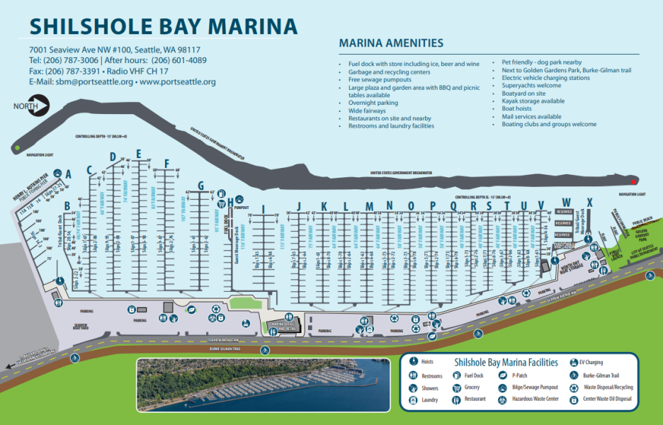Facility map of Shilshole Bay Marina showing doc sections A-X and amenity locations. 