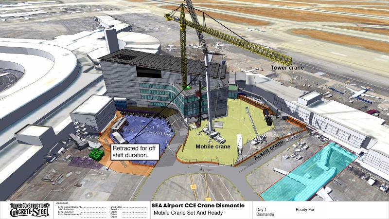 A labeled aerial rendering of a crane dismantling setup at SEA Airport, showing a tower crane, a mobile crane, and an assist crane positioned around a building.