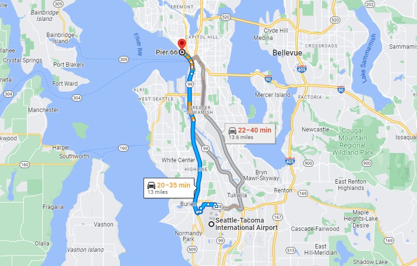 Map showing transportation routes from SEA to Bell Street Cruise Terminal at Pier 66