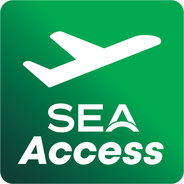 Icon showing a white airplane silhouette above the text ‘SEA Access’ on a green background.