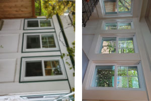 Two stacked images show windows from inside and outside a building. The top image displays three white-framed interior windows with views of trees and a fenced yard. The bottom image shows the exterior of the same set of windows on a white building with green trim.