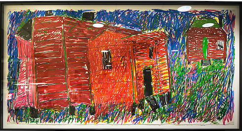 Painting showing a red house.
