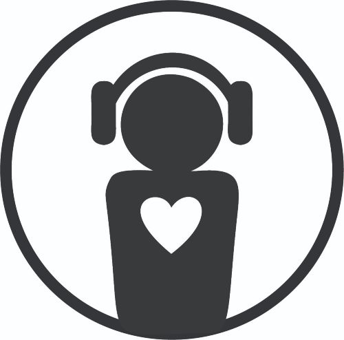 Symbol with a person wearing headphones and a heart.