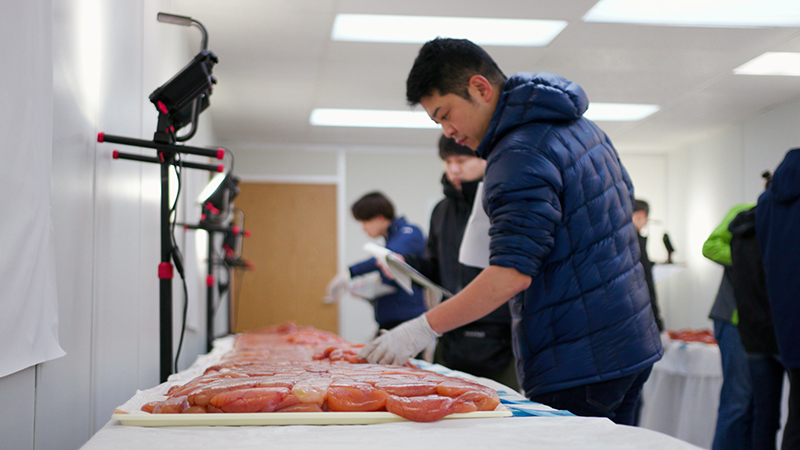 Person inspecting rows of raw fish fillets on a table in a well-lit processing room.