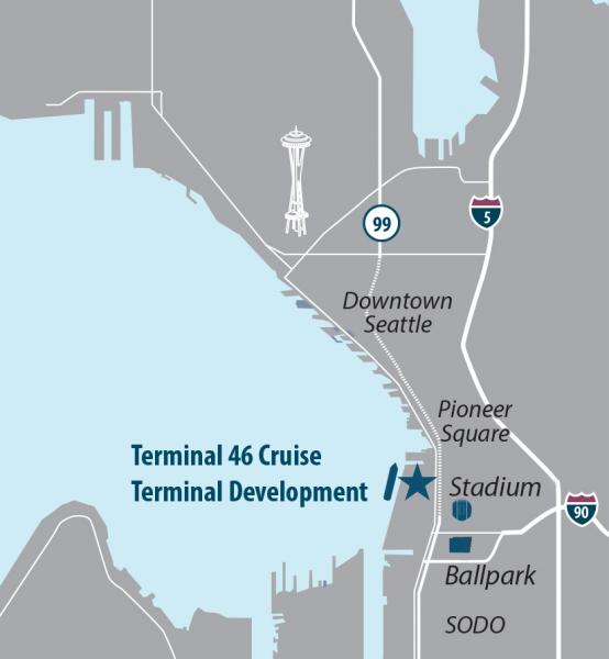 Map showing terminal 46 Cruise Terminal development location on the Seattle waterfront.