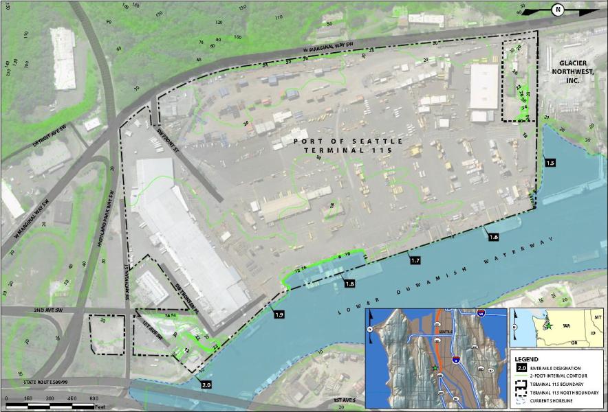 A map of the Port of Seattle’s Terminal 115 showing the terminal boundary, adjacent roads, nearby industrial areas, and the Duwamish Waterway along the southern edge. Depth markings and a small inset map are included for reference.
