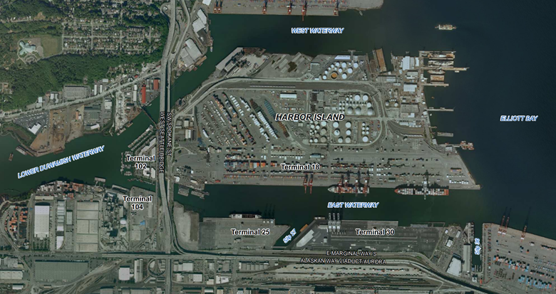 A satellite view of an industrial port area on Harbor Island showing multiple shipping terminals, container yards, warehouses, cranes, and labeled waterways including West Waterway, East Waterway, and Lower Duwamish Waterway. Several terminals are labeled, including Terminals 102, 104, 18, 25, and 30. Elliott Bay appears on the right side.