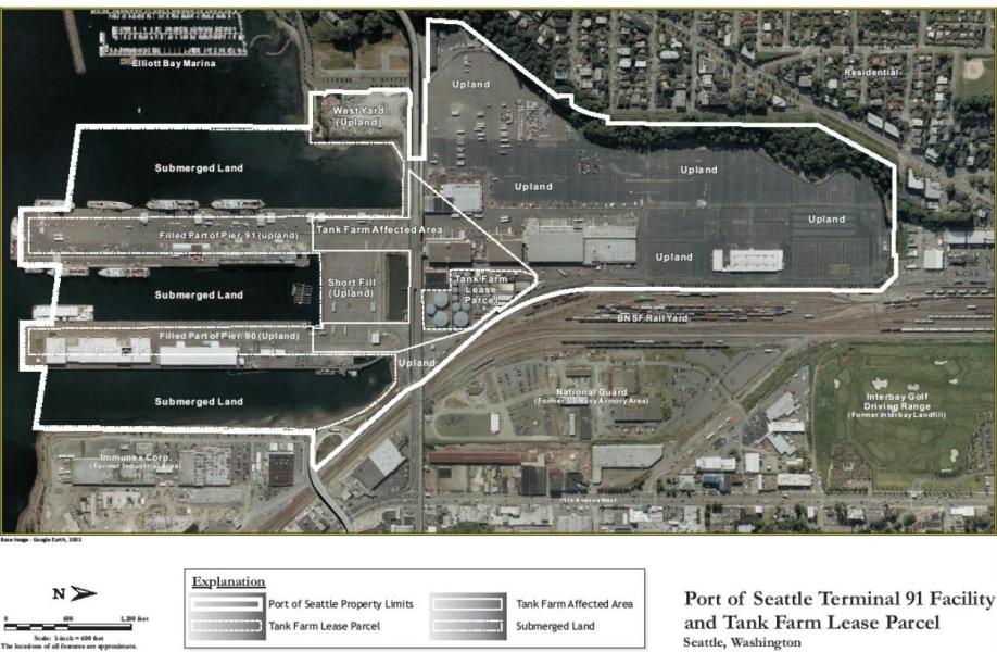 Aerial map with outline of Terminal 91 including uploads, submerged lands, and tank farm lease parcel. and  