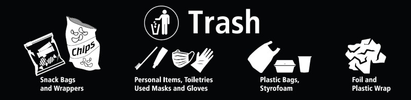 Trash bin signage: Snack bags and wrappers, personal items, toiletries, used masks and gloves, plastic bags and Styrofoam, foil and plastic wrap.