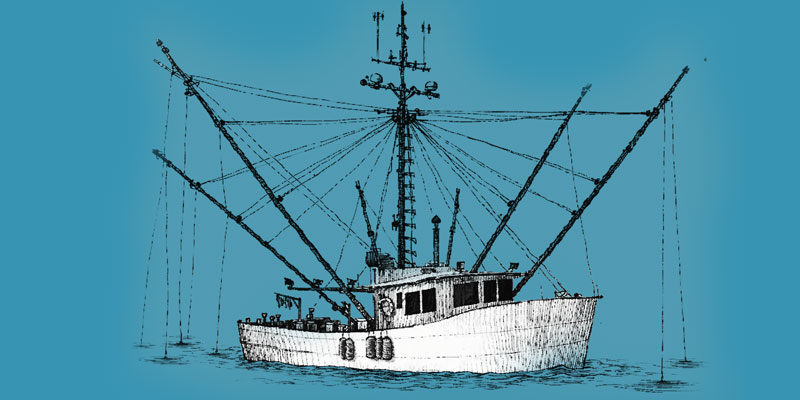 Illustration of a troller fishing vessel, showing extended outriggers and multiple lines over the water.