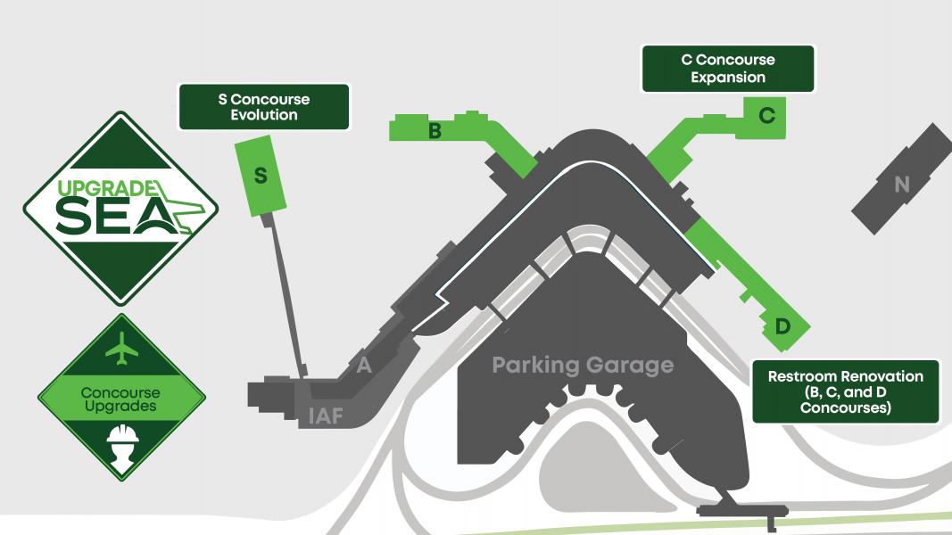 Map of SEA Airport showing concourse upgrade projects, including S Concourse Evolution, C Concourse Expansion, and restroom renovations for B, C, and D concourses.