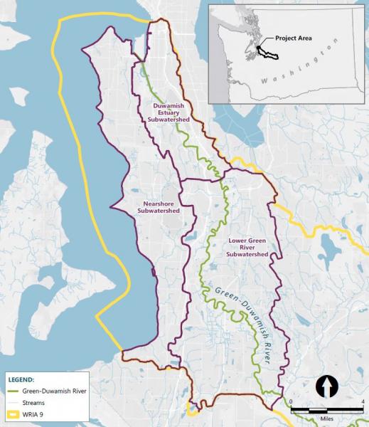 Vicinity map of sub-watershed areas along the Duwamish River.