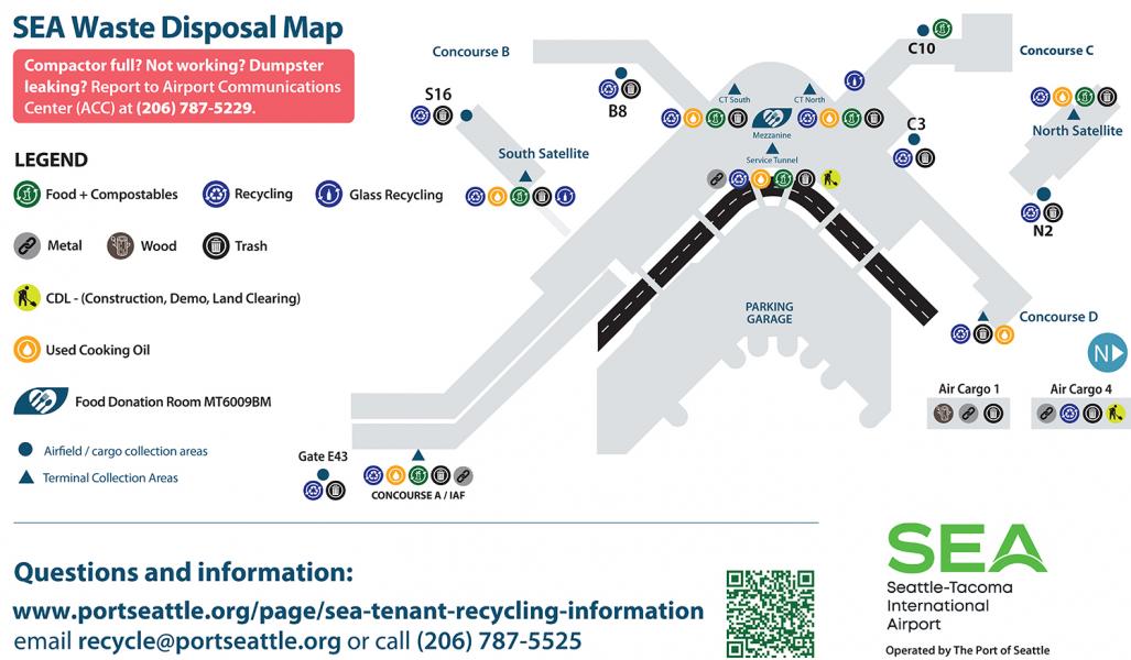 Image of map showing waste bins in every concourse at SEA Airport. 