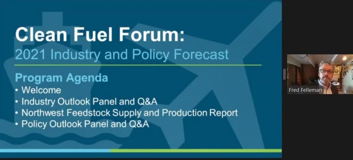 Clean Fuel Forum presentation slide showing the 2021 Industry and Policy Forecast program agenda.