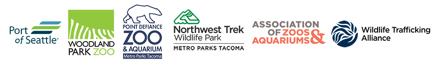 “Logos for the Port of Seattle, Woodland Park Zoo, Point Defiance Zoo & Aquarium, Northwest Trek Wildlife Park, and the Association of Zoos & Aquariums displayed in a row.