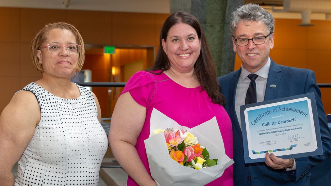 Commissioner Felleman with Women's Outstanding Achievement recipient Colette Deardorff and Program Manager Traci Patterson.