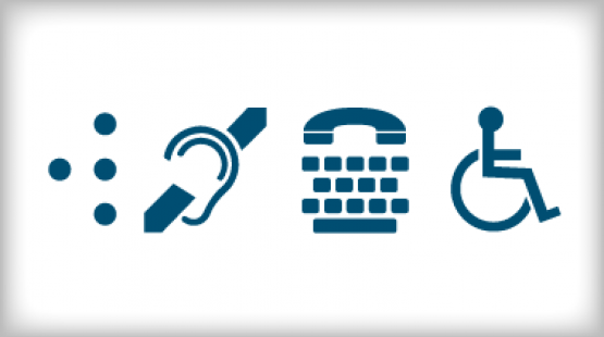 Four accessibility symbols in blue on a light background, including a Braille dot pattern, an icon of an ear with a diagonal line, a TTY/telecommunication device symbol, and a wheelchair accessibility symbol.