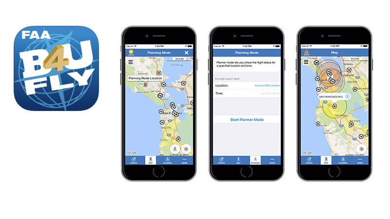 Image showing the FAA B4UFLY app logo next to three smartphone screens displaying the app’s planning and map features for checking drone flight restrictions.