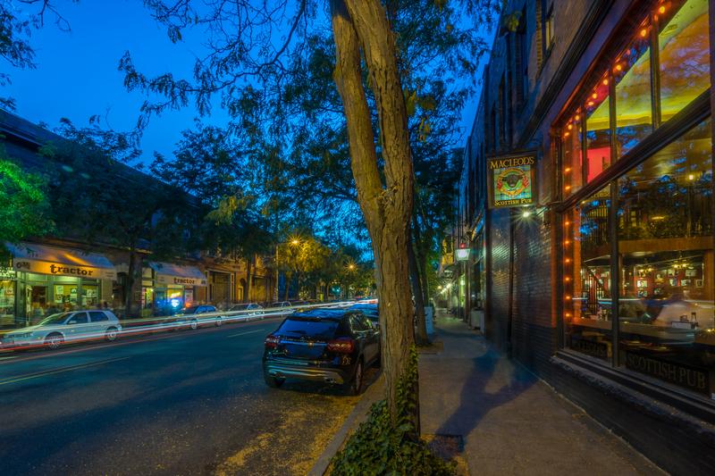 Night shot of Ballard Avenue restaurants.