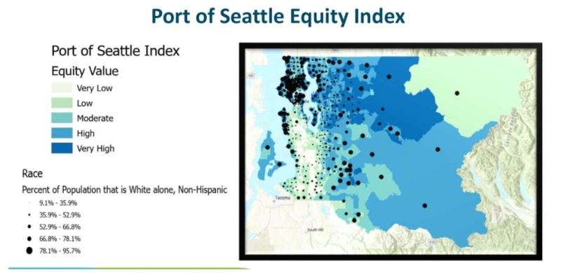 Map‑based infographic showing equity index values across the Port of Seattle area.