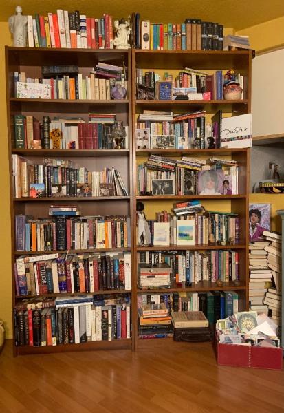 A large wooden bookshelf filled with books and various decorative items.