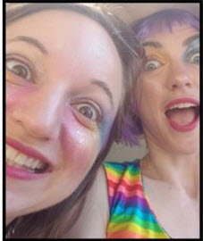 Jessica Brown with a friend in pride-themed makeup.