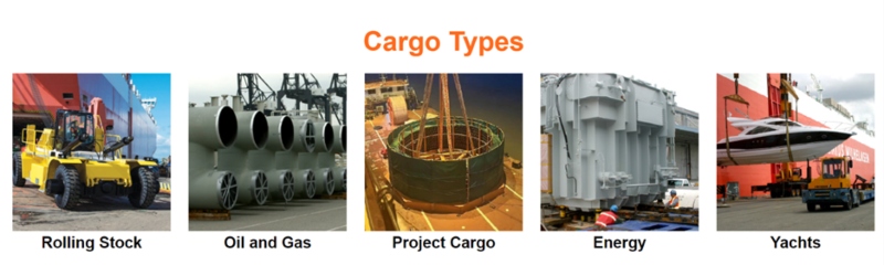 Five photos of cargo types handled at NWSA breakbulk terminals: rolling stock, oil and gas, project cargo, energy and yachts