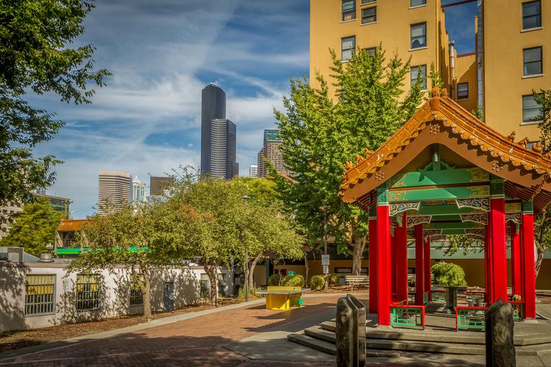 Photo of red Chinese gate in Seattle's International District.