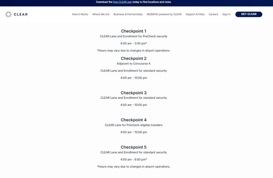 A webpage displays CLEAR security checkpoint information at Seattle–Tacoma International Airport, listing five checkpoints with their lane types and operating hours.