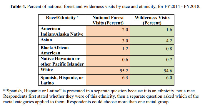 Table displaying ethnicity of users of National Forest lands. 