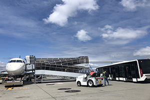 An airplane on the tarmac connected to a mobile boarding ramp, with a shuttle bus nearby.