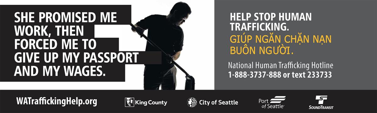 Human trafficking awareness campaign poster feature a passport and wage theft survivor story, with the hotline number 1-888-3737-888 and WATrafficking Help.org