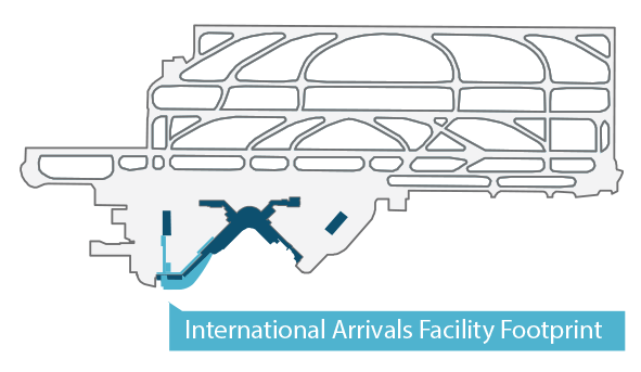 "Diagram showing the outline of an airport with runways and taxiways in light gray. A highlighted blue area within the lower left portion of the map represents the International Arrivals Facility footprint.
