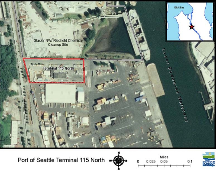 Aerial view of Terminal 115 with the T115 North section outlined in the upper left corner of the property.