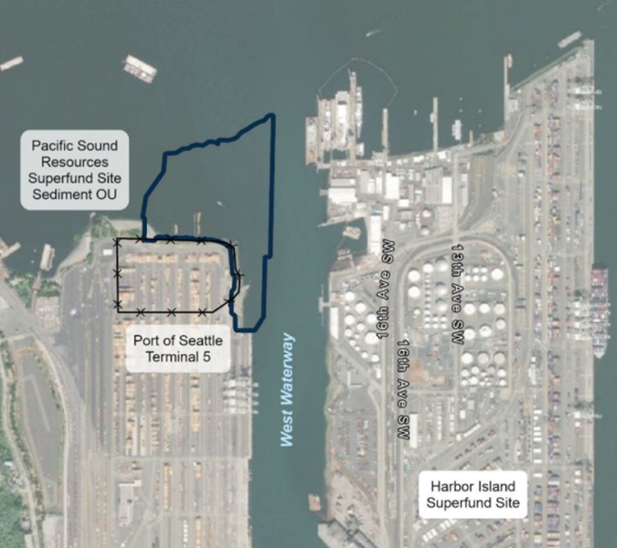 Aerial view of an industrial port area with multiple highlighted and labeled zones outlined in yellow and blue. Yellow outlines mark the West Waterway OU, Lockheed Upland OU, Tank Farms OU, Soil and Groundwater OU, East Waterway OU, and Todd Shipyard Sediment OU. Blue outlines mark the Lower Duwamish Waterway and the Lockheed Shipyard Sediment OU. The image shows waterways, shipping terminals, storage tanks, warehouses, cranes, and adjacent industrial facilities.