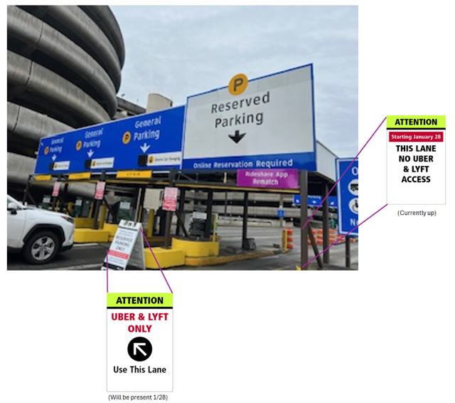 SEA Airport parking garage signage showing desgnated lanes for General Parking, Reserved Parking, and Uber/Lyft I(TNC) ride-share pickup, with directional arrows and enforcement notices for lane use