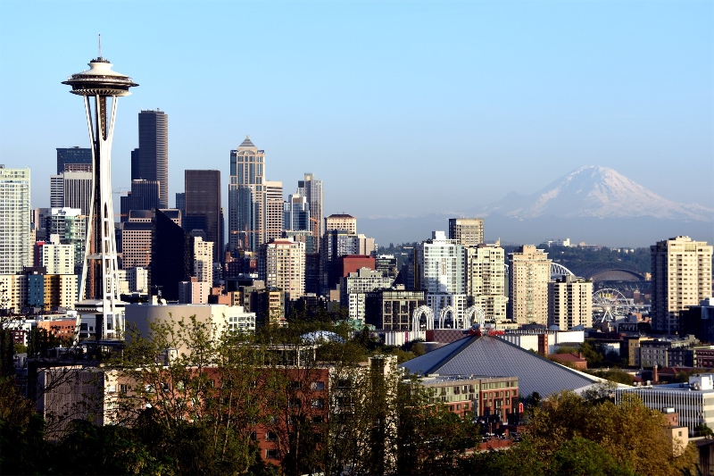 City skyline with a tall observation tower in the foreground and a snow‑covered mountain in the distance under a clear sky.