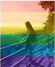 Leona Komatsu sitting on a fence, with a rainbow overlay on the picture.