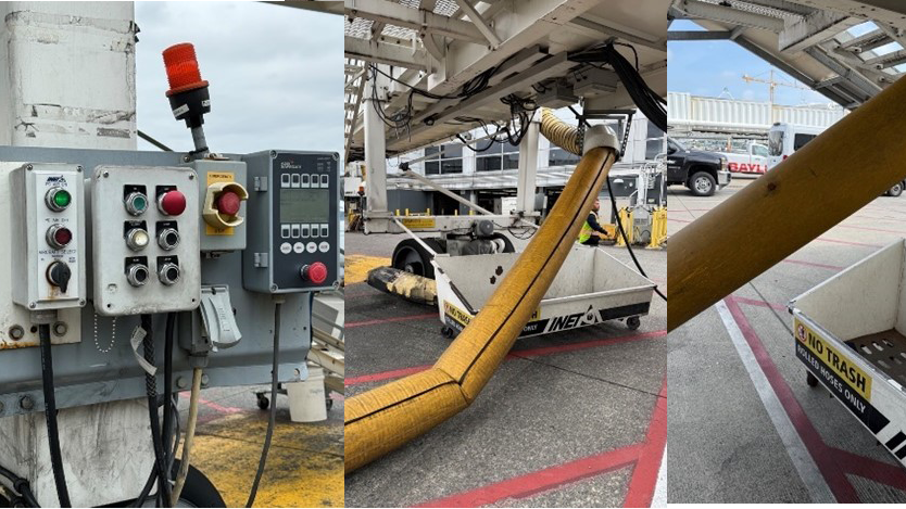 Close‑ups of airport ground equipment used for pre‑conditioned air, including control panels and a yellow service hose under a jet bridge.