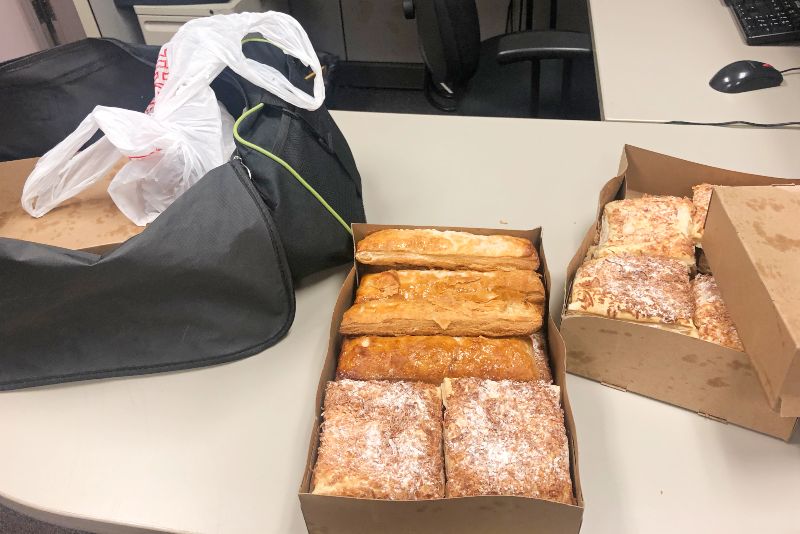 Duffel bag full of pastries.